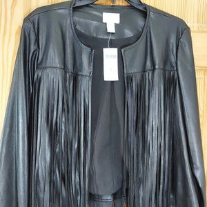 Chico's Fringe Faux Leather Open Front Jacket Black Womens 1 US 8 w/ Garment Bag